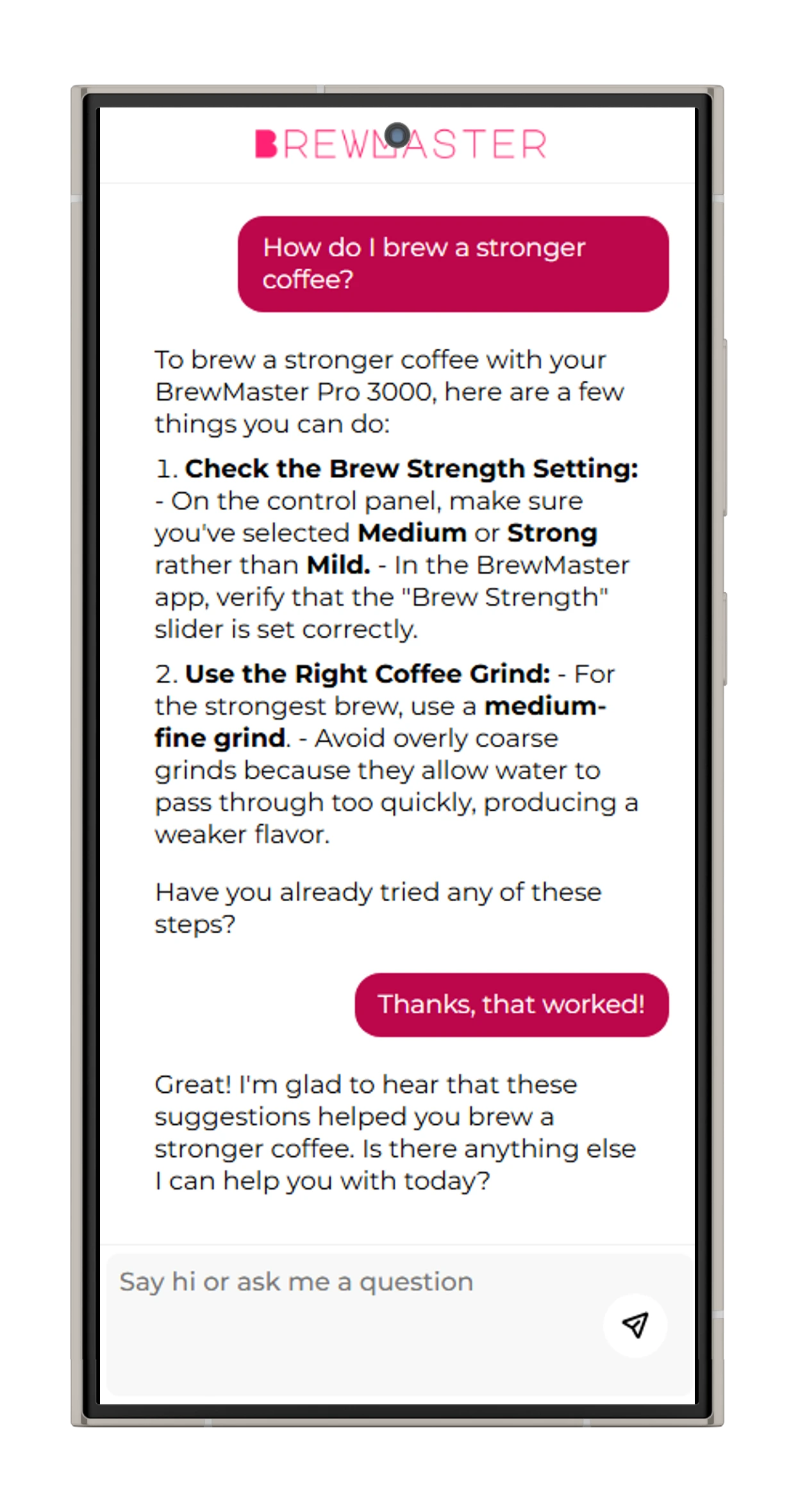 Sample chat regarding a Coffee machine not brewing coffee.